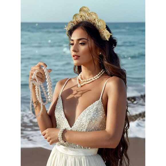 Golden Halo Crown Headpiece Seashell Costume Accessory for Women